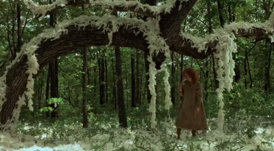 Leah, a slim white woman with long, curly red hair, wearing a long white nightgown. She is standing next to a curving tree in a forest clearing with white feathers all over the ground and branches.