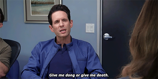 An animated gif of Dennis Reynolds from It's Always Sunny in Philadelphia. The caption reads 'Give me dong or give me death.'